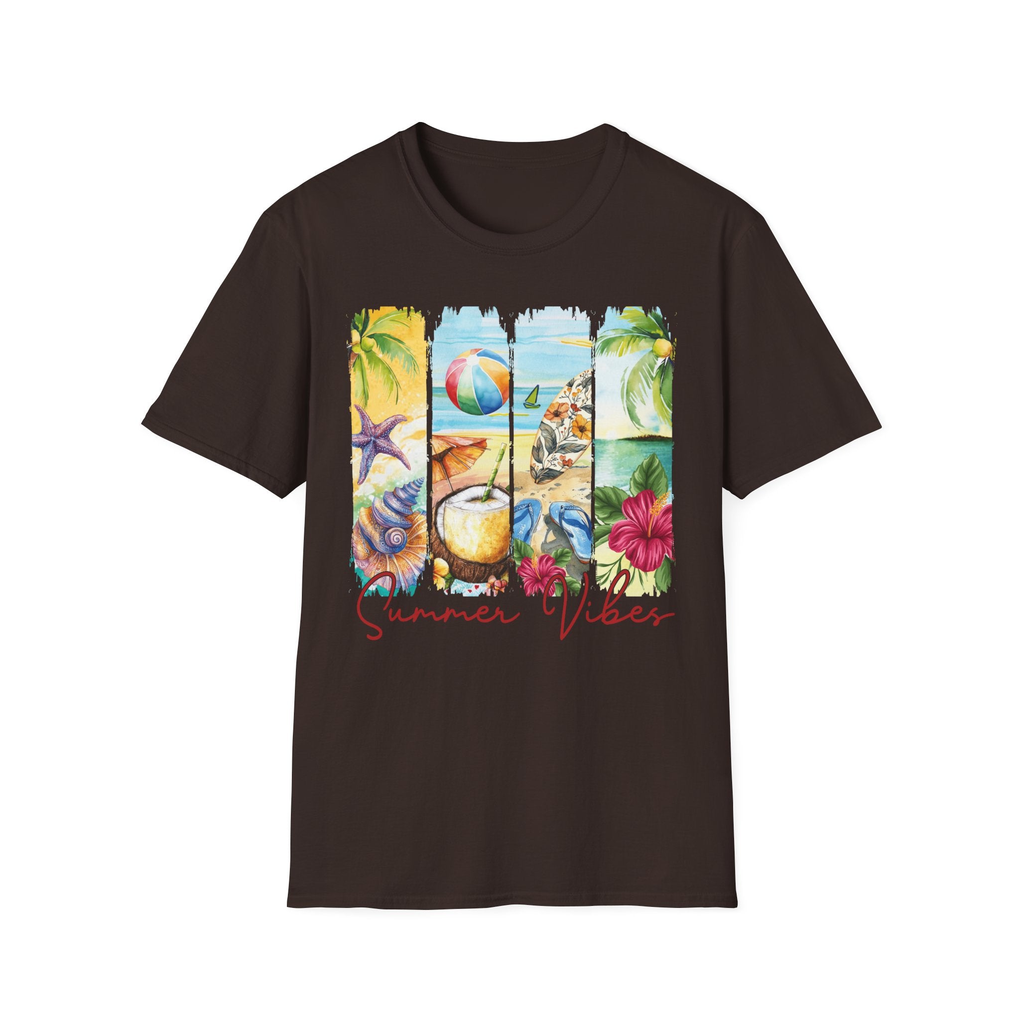 Summer Vibes Tropical Collage T-Shirt | Beach Ball, Seashells, Hibiscus