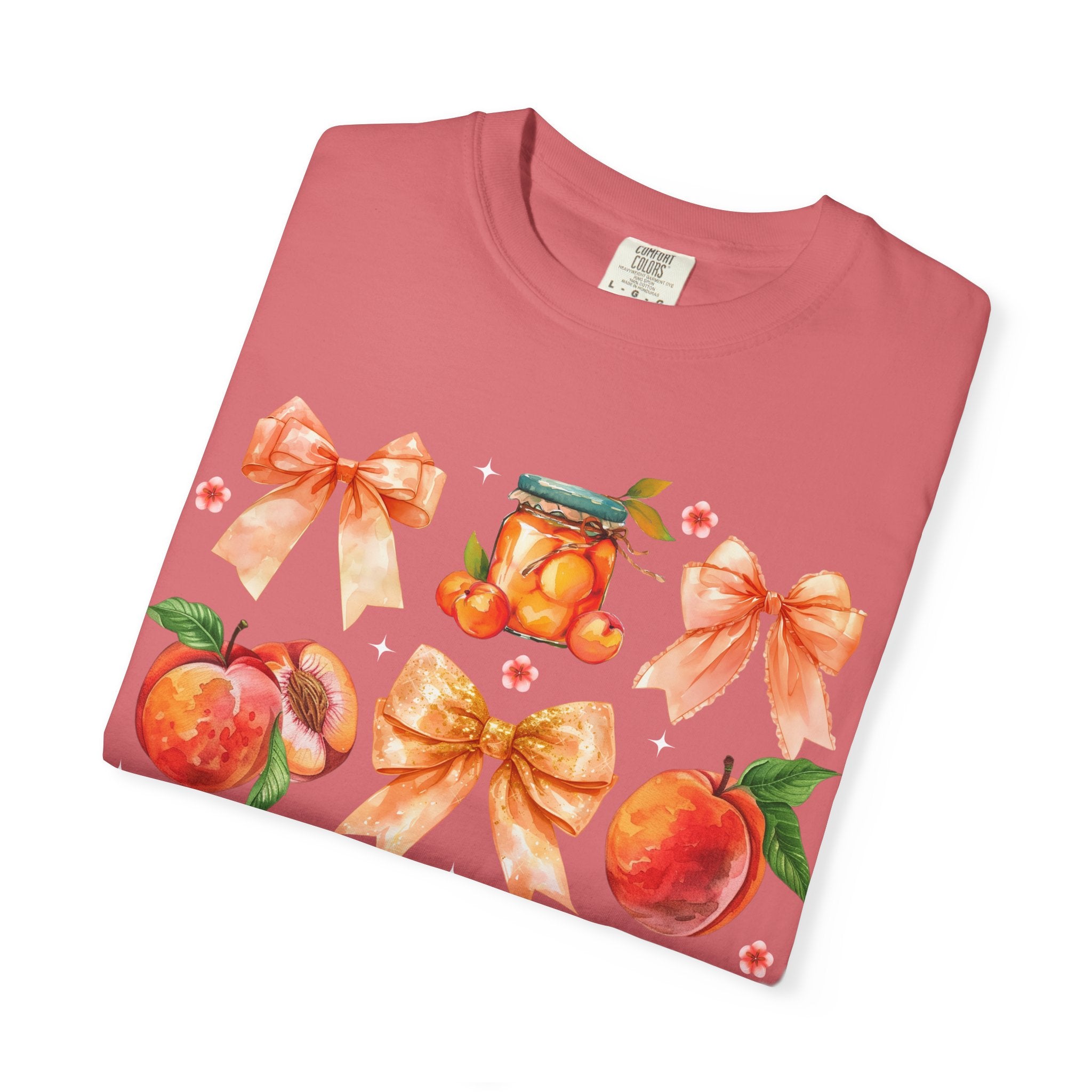 Peach & Bow Graphic T-Shirt — Watercolor Fruit Design