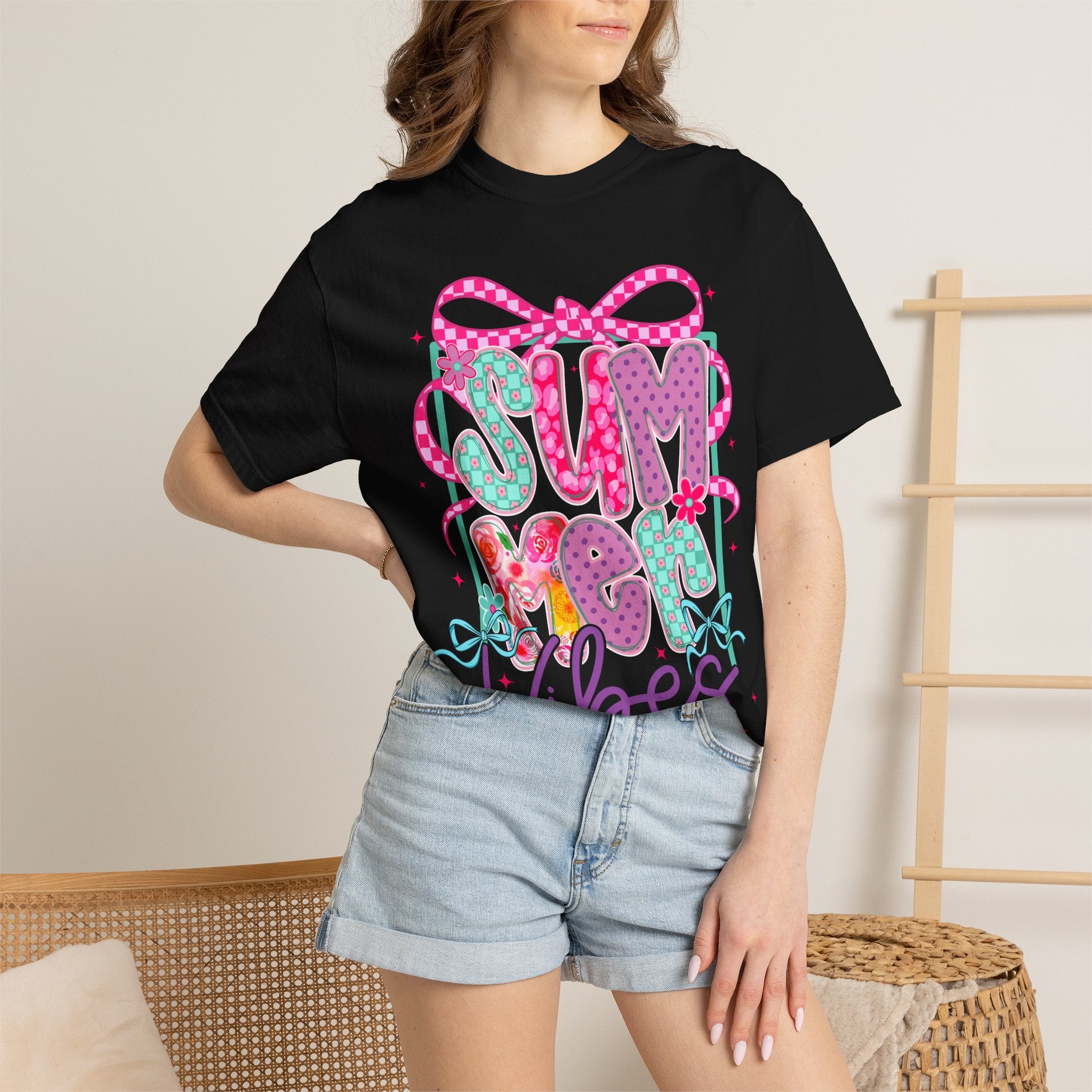 Summertime Vibes T-shirt | Colorful Floral Lettering, Bow & Ribbons