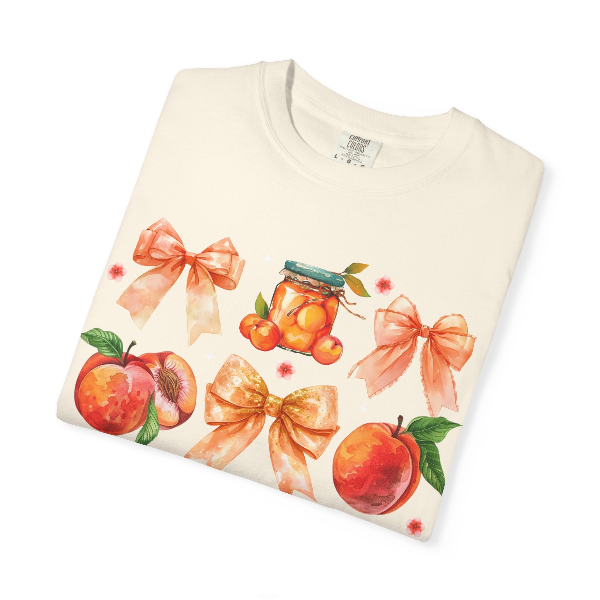 Peach & Bow Graphic T-Shirt — Watercolor Fruit Design