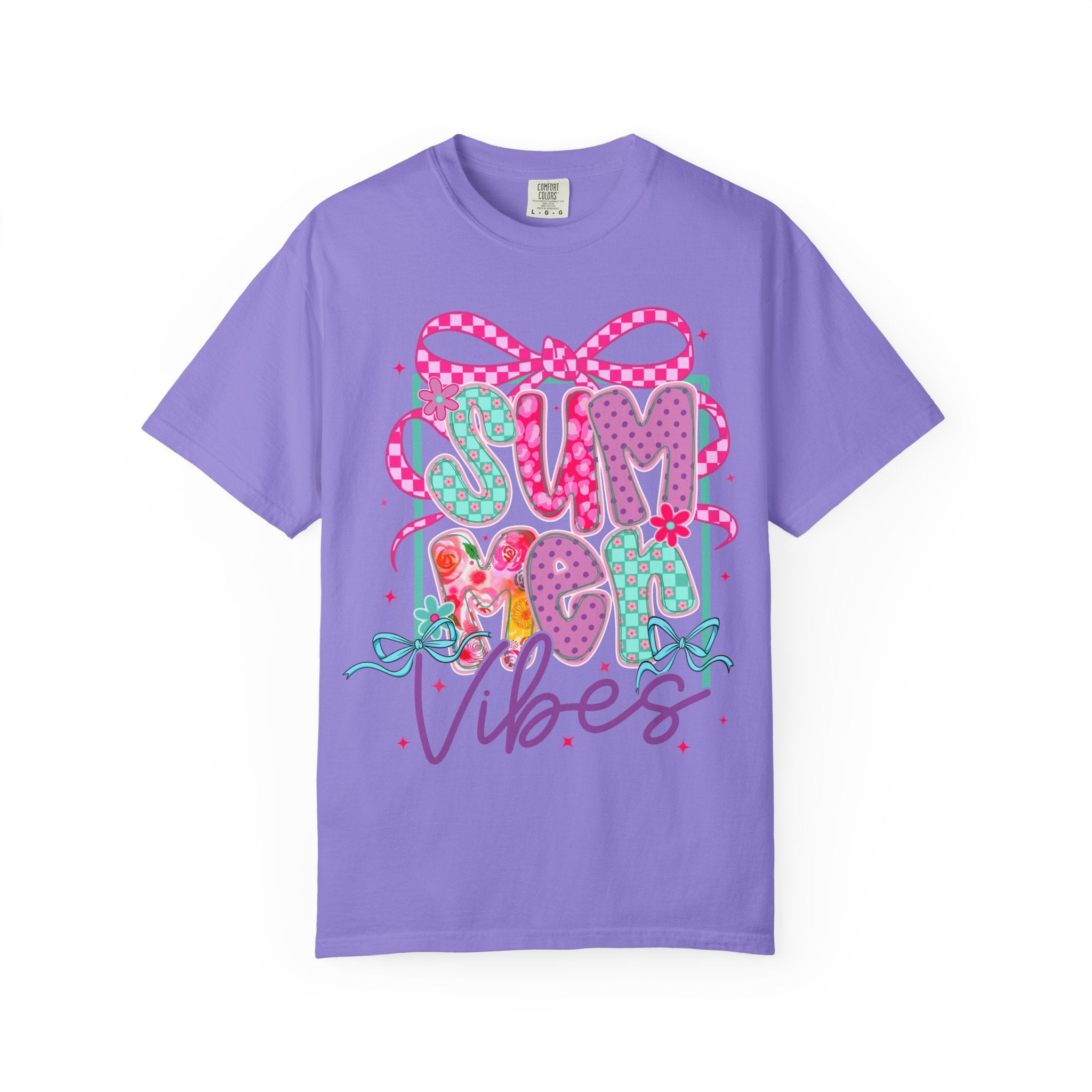 Summertime Vibes T-shirt | Colorful Floral Lettering, Bow & Ribbons