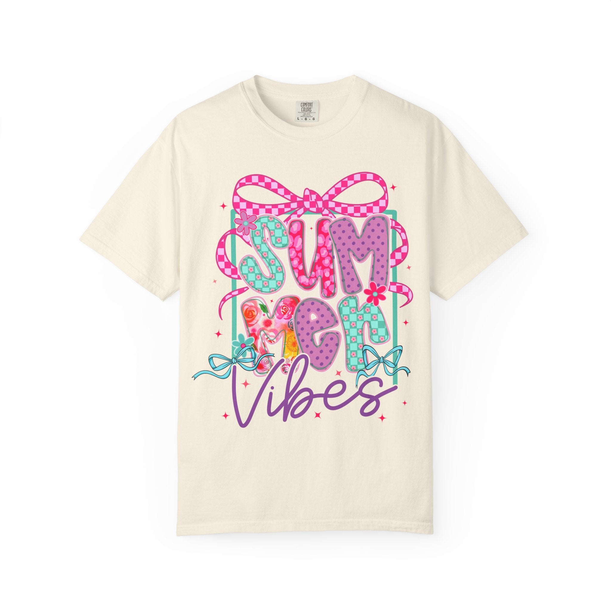 Summertime Vibes T-shirt | Colorful Floral Lettering, Bow & Ribbons