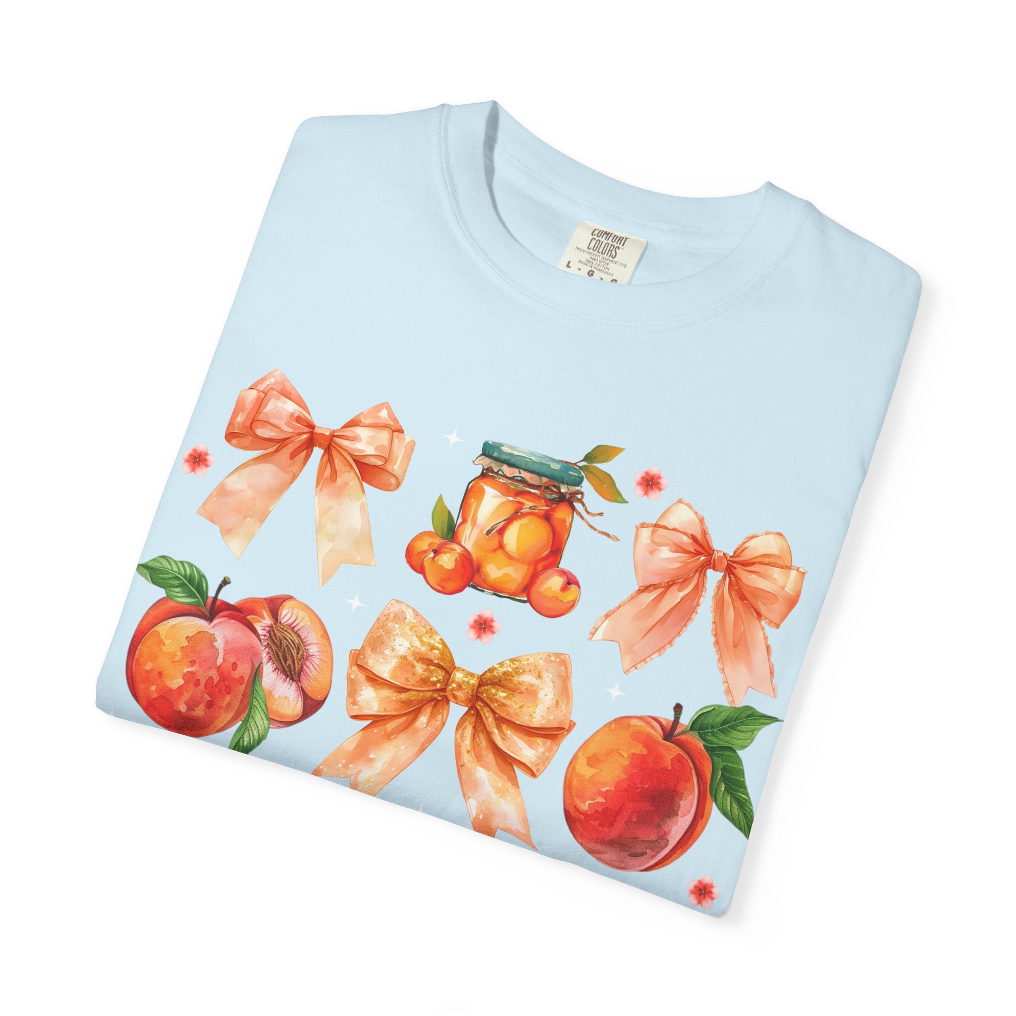 Peach & Bow Graphic T-Shirt — Watercolor Fruit Design