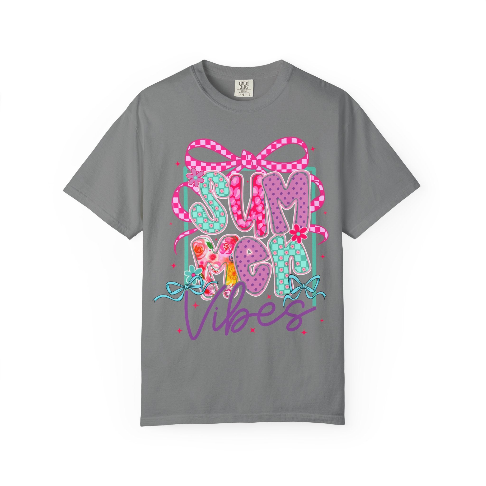 Summertime Vibes T-shirt | Colorful Floral Lettering, Bow & Ribbons
