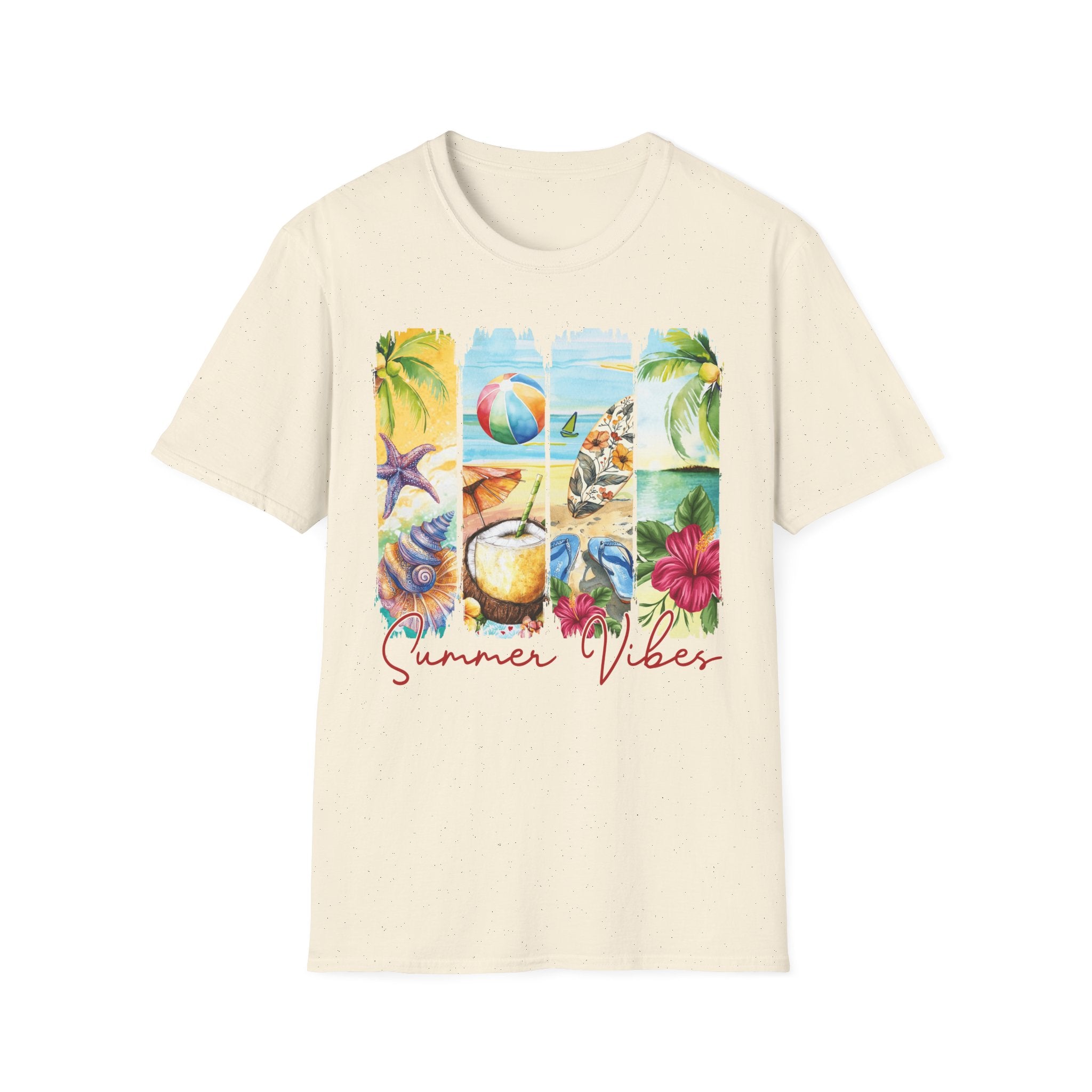 Summer Vibes Tropical Collage T-Shirt | Beach Ball, Seashells, Hibiscus
