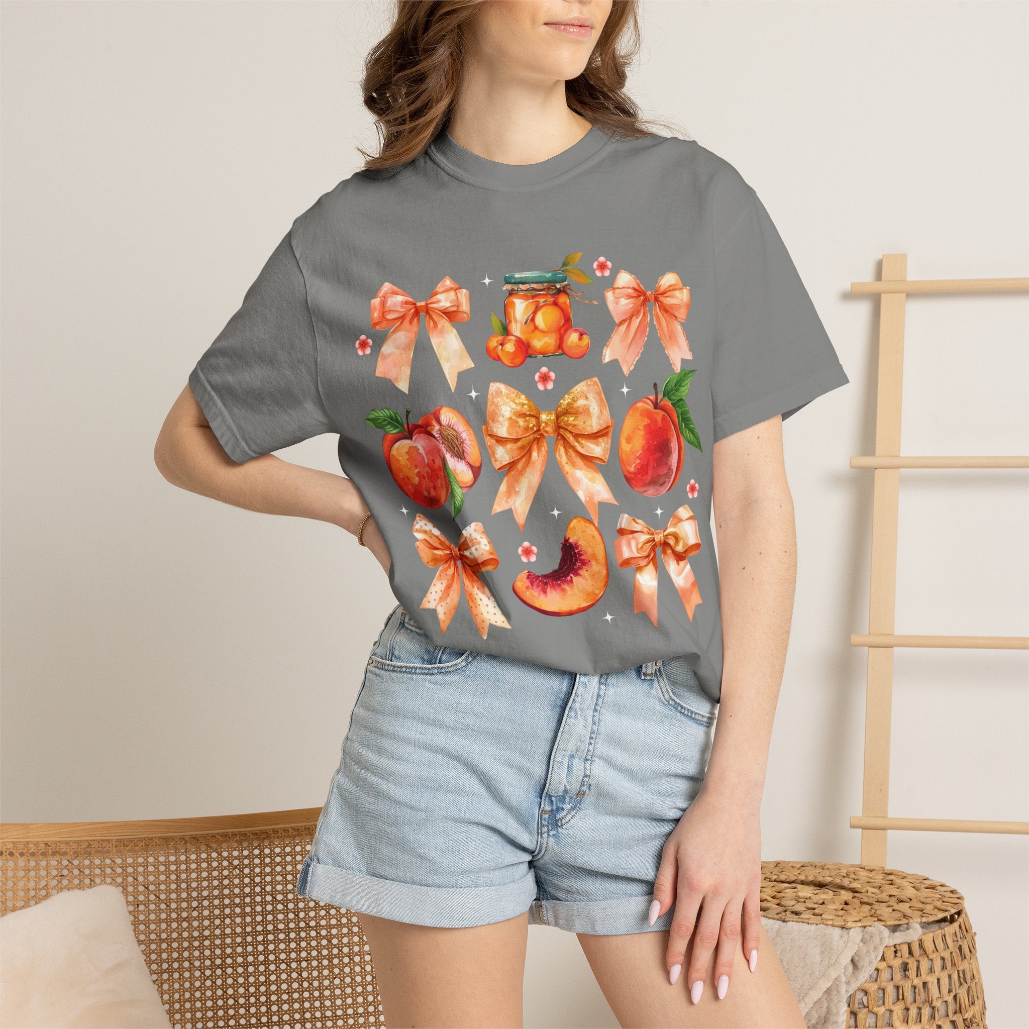Peach & Bow Graphic T-Shirt — Watercolor Fruit Design