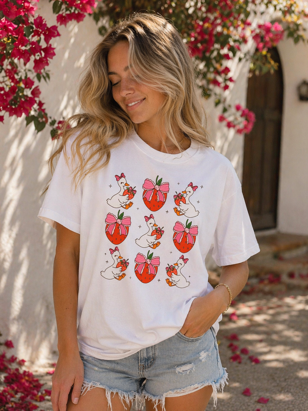 Strawberry Bow Ducks T-Shirt | Cute Strawberry Pattern Tee