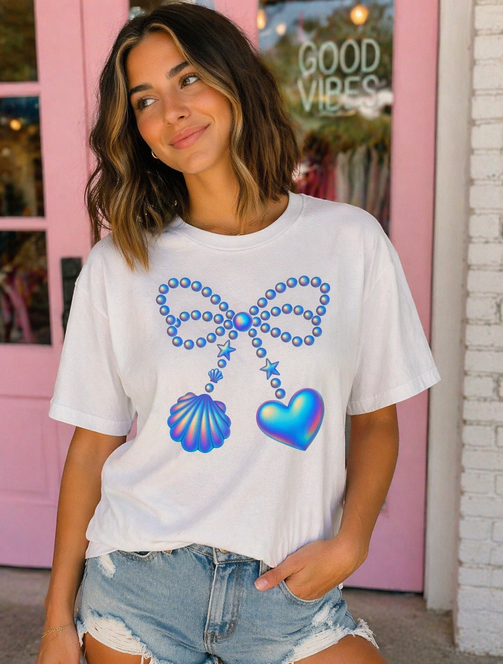 Holographic Pearl Bow with Shell & Heart T-shirt | Mermaid Jewelry Graphic