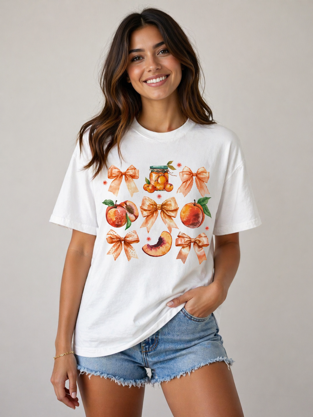 Peach & Bow Graphic T-Shirt — Watercolor Fruit Design