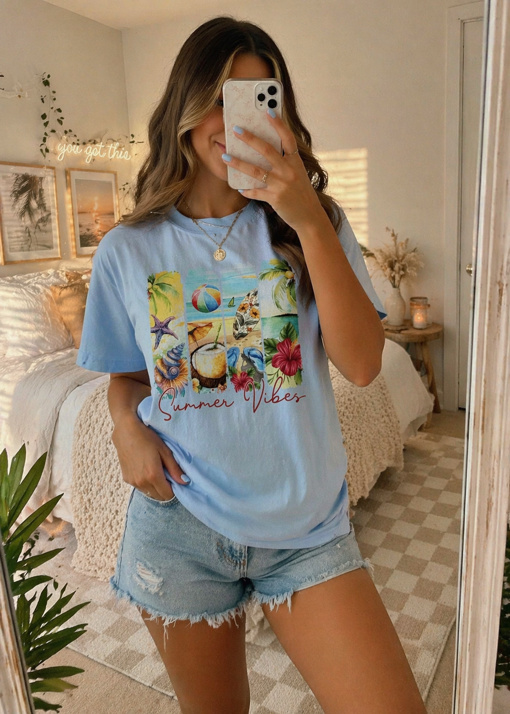 Summer Vibes Tropical Collage T-Shirt | Beach Ball, Seashells, Hibiscus
