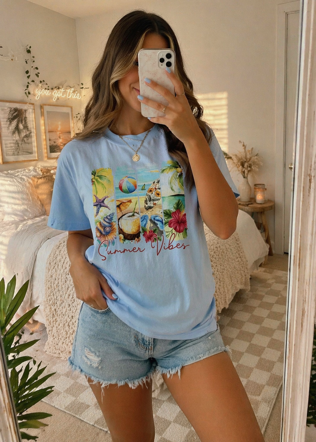 Summer Vibes Tropical Collage T-Shirt | Beach Ball, Seashells, Hibiscus
