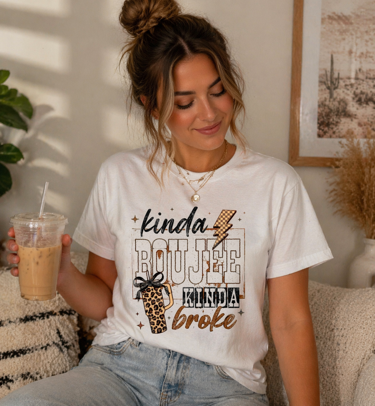 Kinda Boujee Kinda Broke T-shirt | Leopard Cup & Lightning Graphic