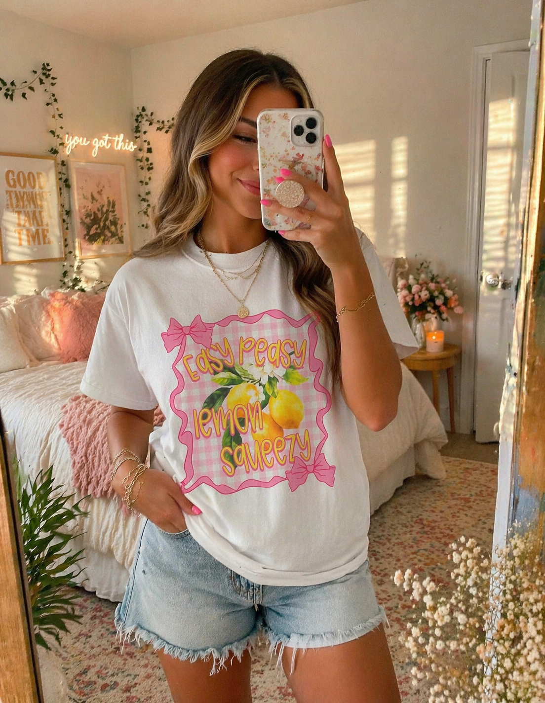 Easy Peasy Lemon Squeezy T-Shirt | Lemon Graphic, Pink Bow Frame