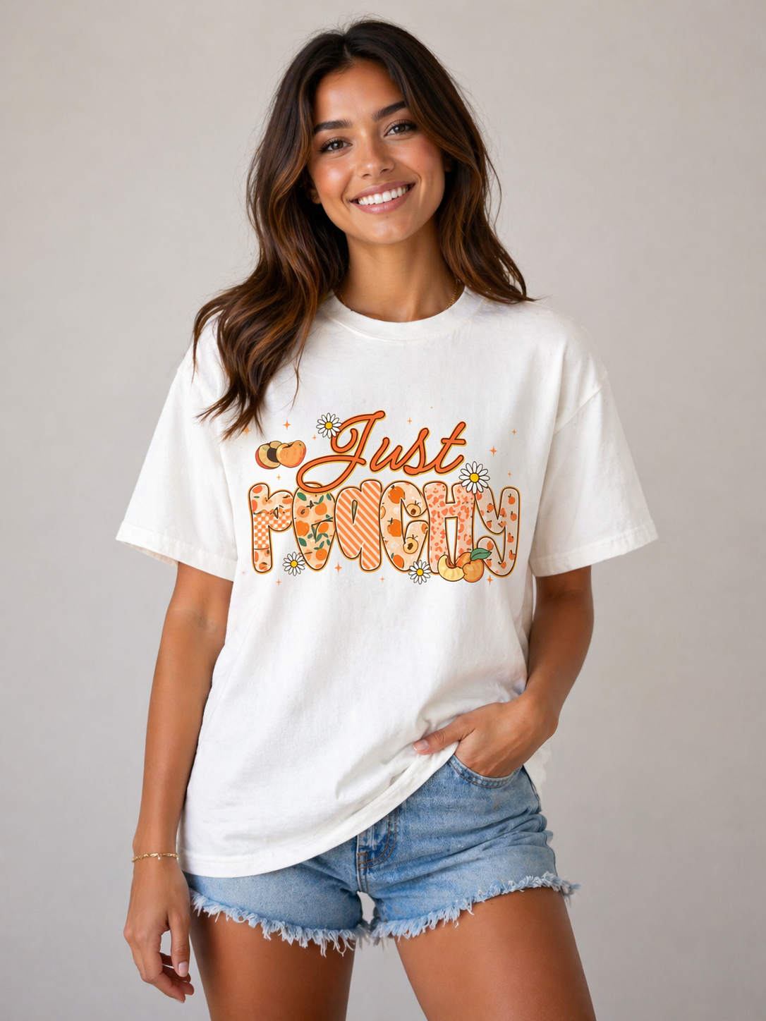 Just Peachy T-shirt | Peach Floral Retro Script, Cute Fruit Typography