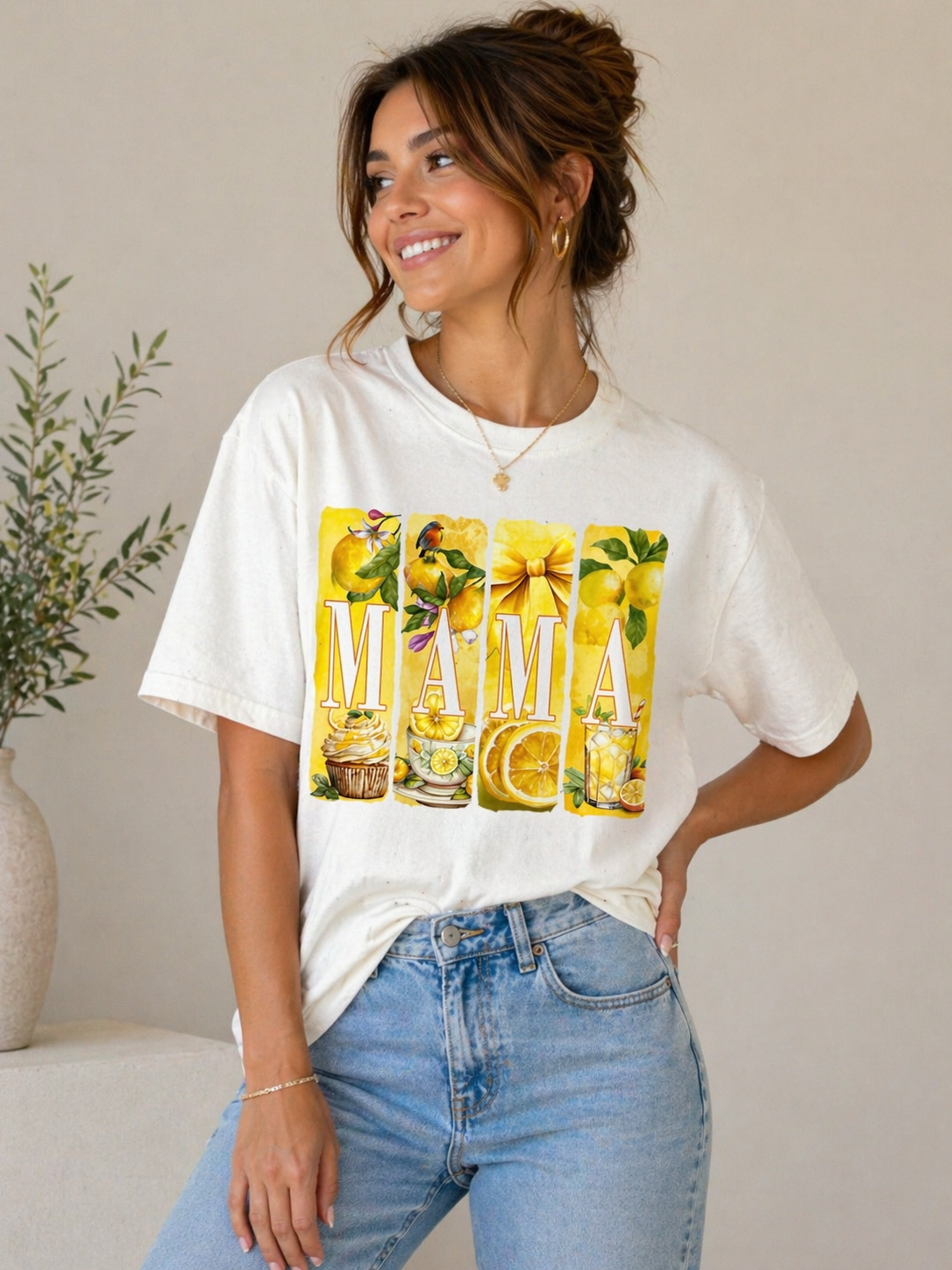 Mama Lemon Floral T-Shirt — Bright Yellow Botanical 'MAMA' Tee for Moms, Mother's Day Gift