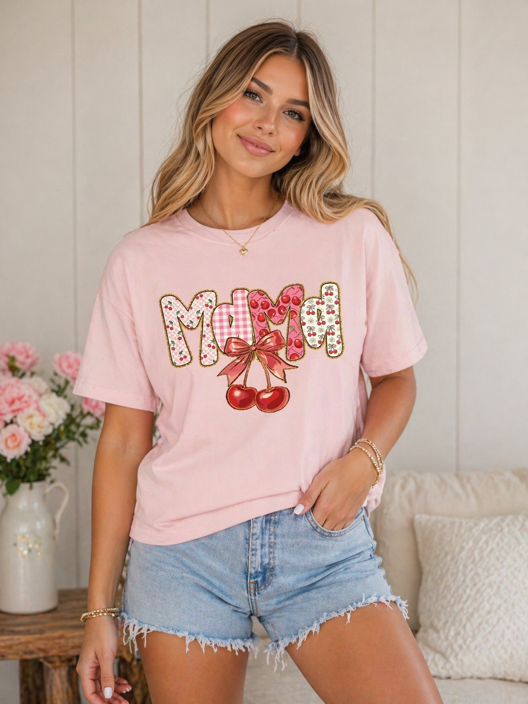 Mom Cherry Graphic T-Shirt — Cute Retro Cherry Bow Mother's Day Tee
