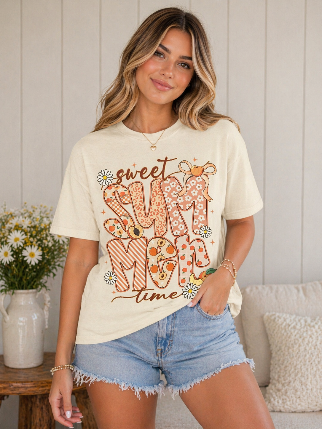 Sweet Summertime T-Shirt — Retro Peach Daisy Graphic