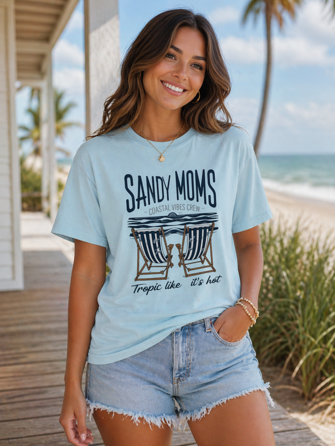 Sandy Moms Beach T-Shirt – Coastal Vibes, Deck Chair Graphic