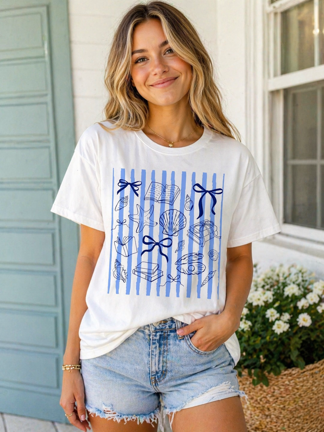 Nautical Seashell Stripe T-Shirt — Blue Bow & Shell Graphic