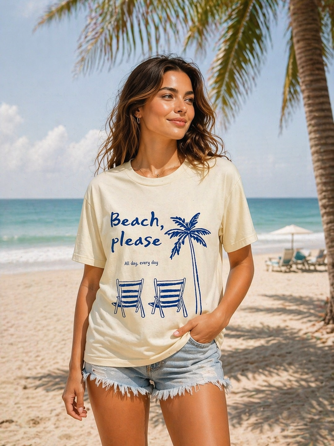 Beach Please T-Shirt — Palm Trees & Chairs Summer Tee