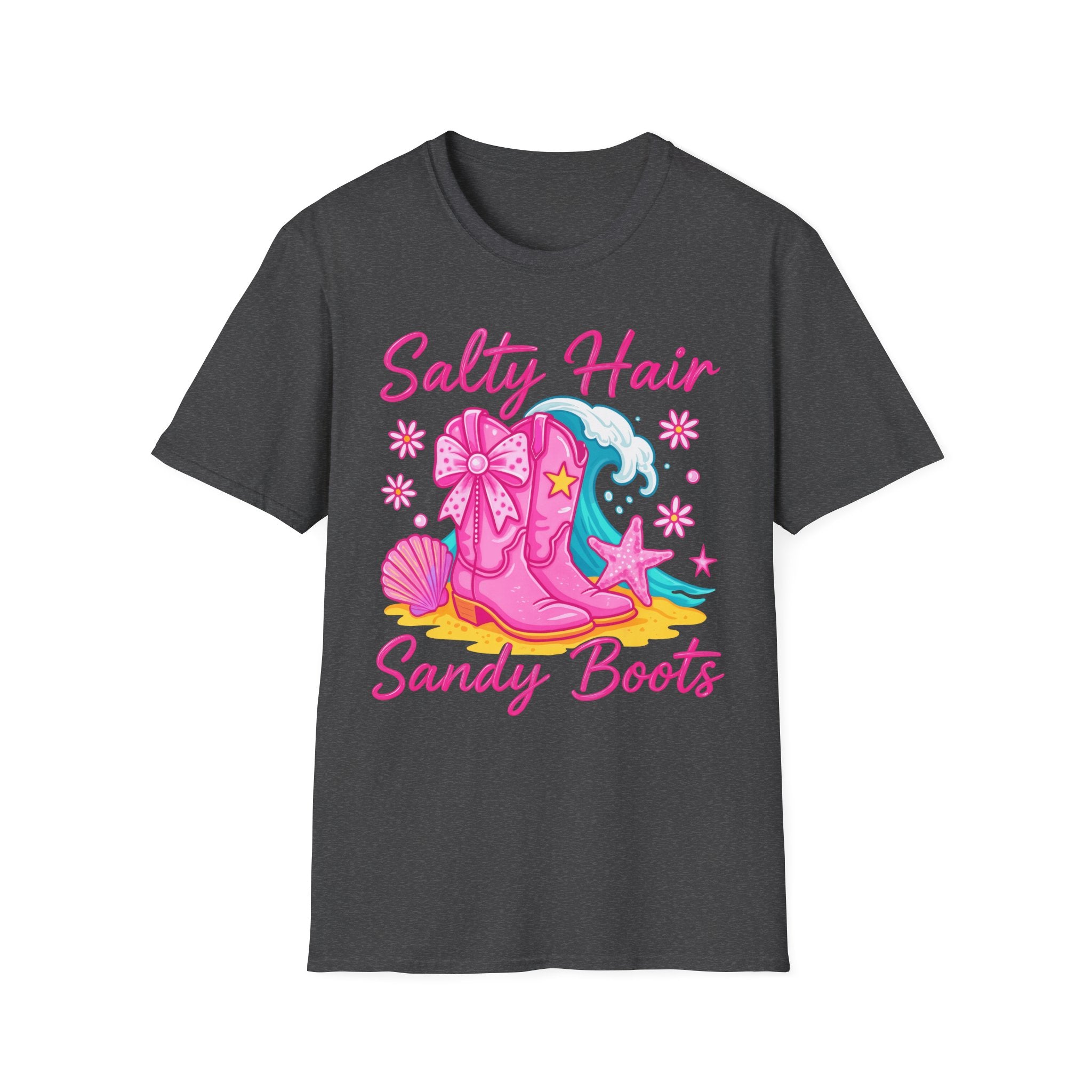 Salty Hair Sandy Boots T-Shirt | Pink Cowgirl Boots Beach Stars Seashells