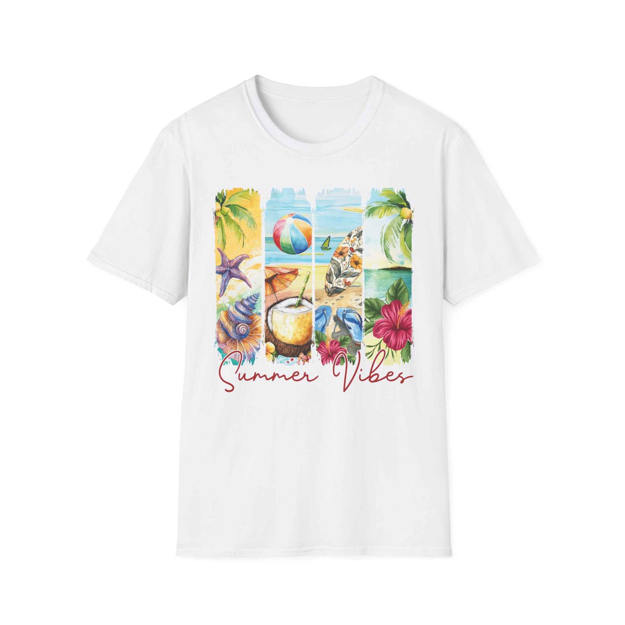 Summer Vibes Tropical Collage T-Shirt | Beach Ball, Seashells, Hibiscus