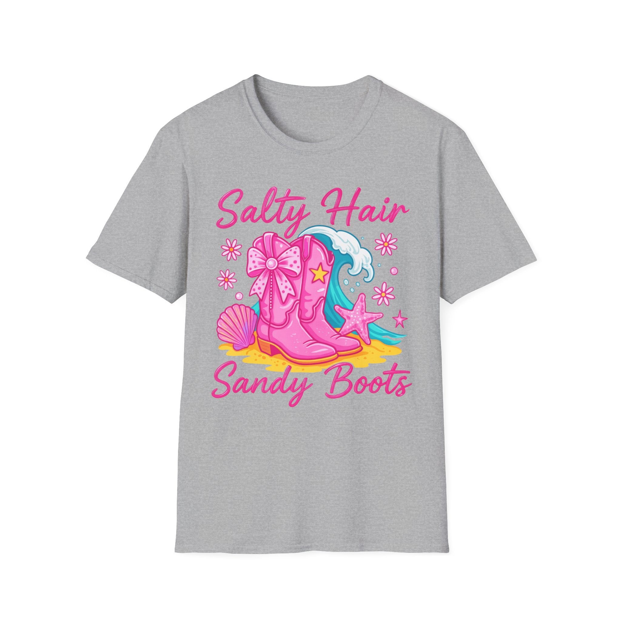 Salty Hair Sandy Boots T-Shirt | Pink Cowgirl Boots Beach Stars Seashells