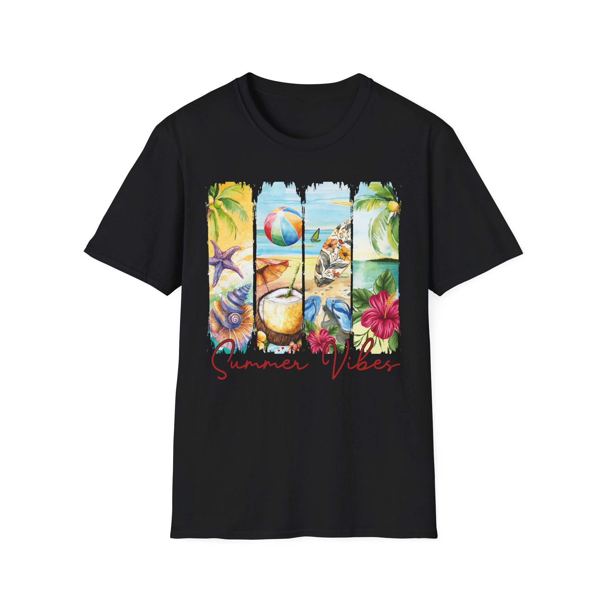 Summer Vibes Tropical Collage T-Shirt | Beach Ball, Seashells, Hibiscus