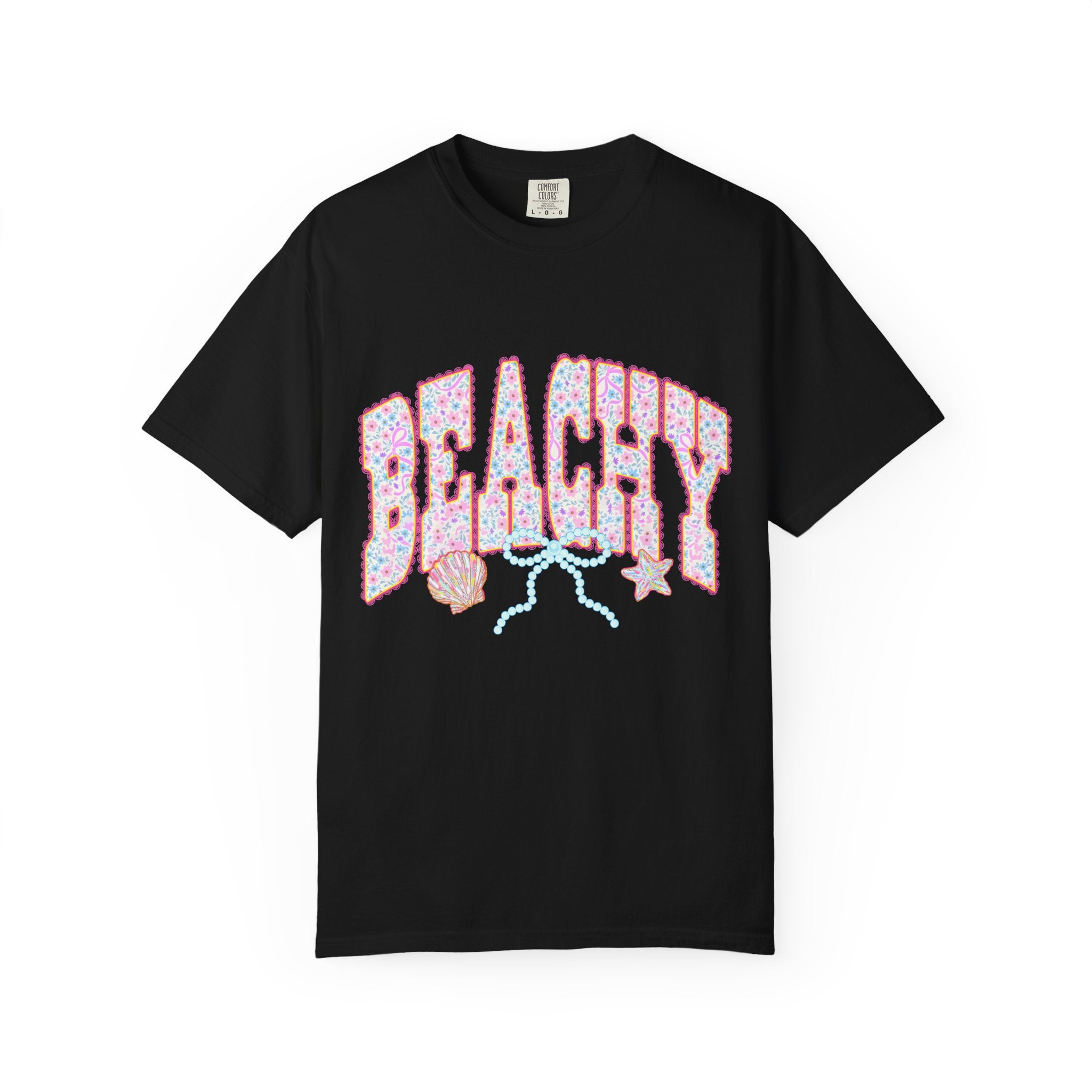 Beachy Floral Text T-Shirt | Seashells, Starfish, Pastel Retro Letters