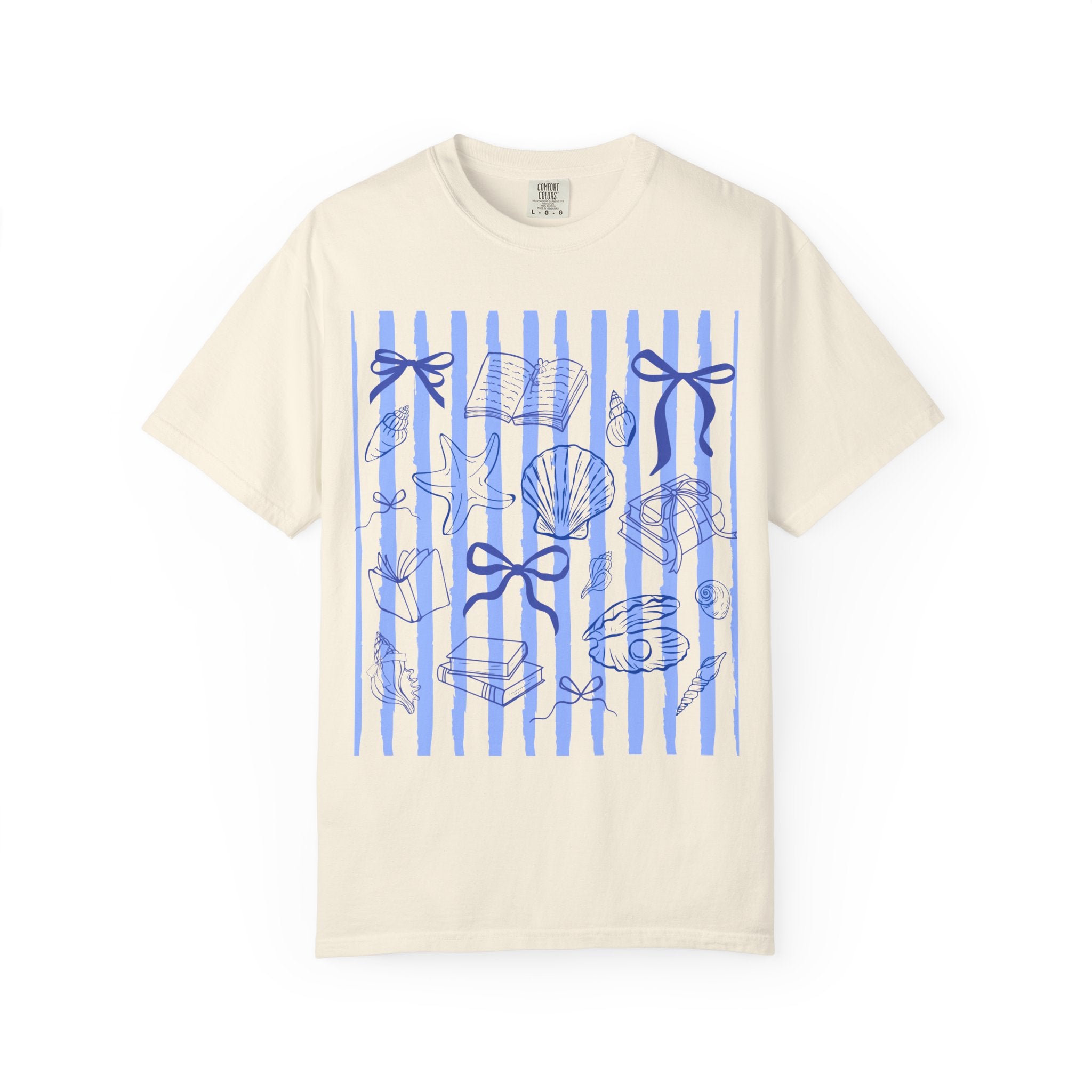 Nautical Seashell Stripe T-Shirt — Blue Bow & Shell Graphic