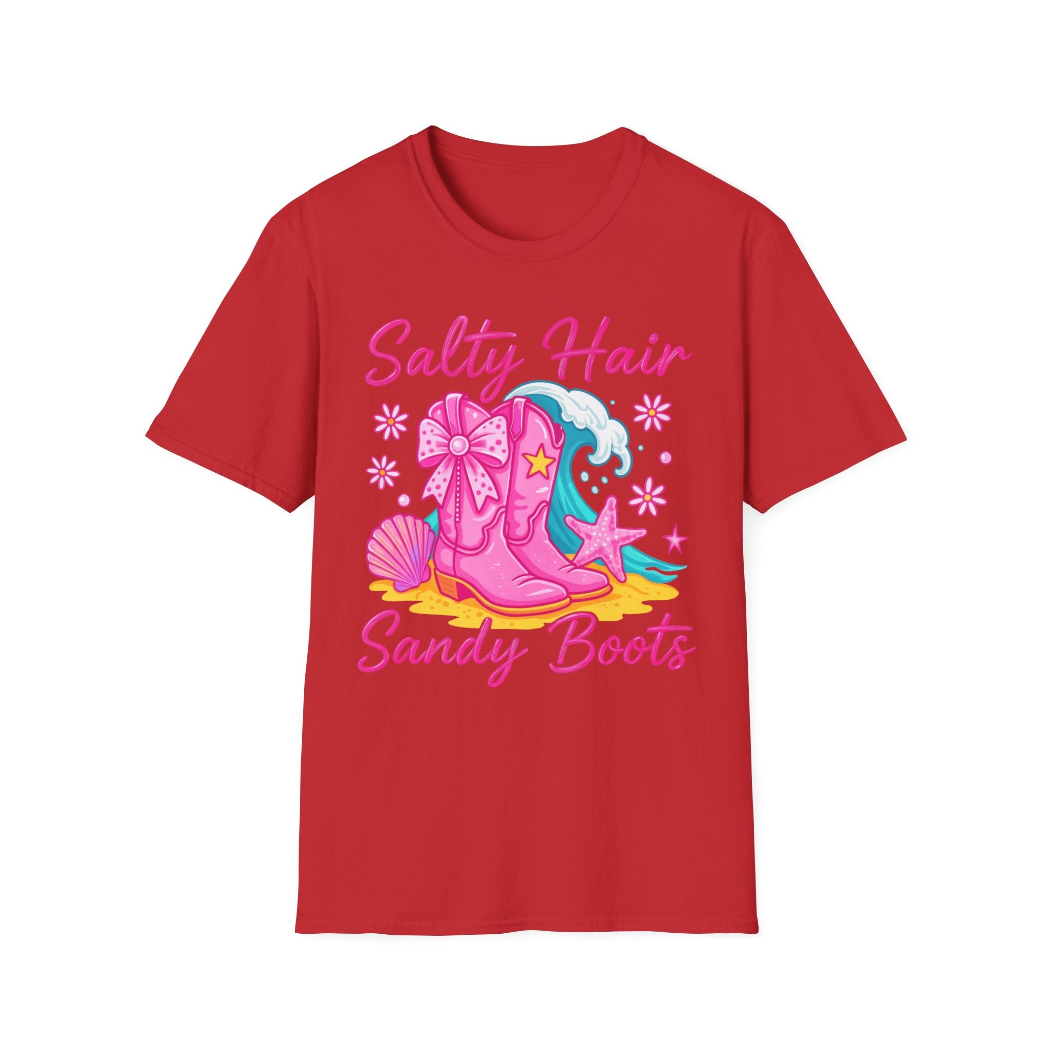 Salty Hair Sandy Boots T-Shirt | Pink Cowgirl Boots Beach Stars Seashells