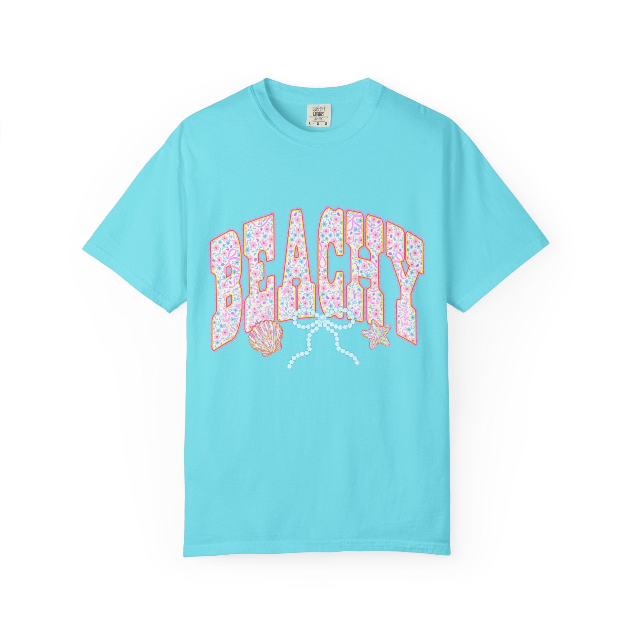 Beachy Floral Text T-Shirt | Seashells, Starfish, Pastel Retro Letters