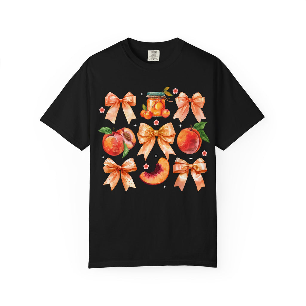 Peach & Bow Graphic T-Shirt — Watercolor Fruit Design