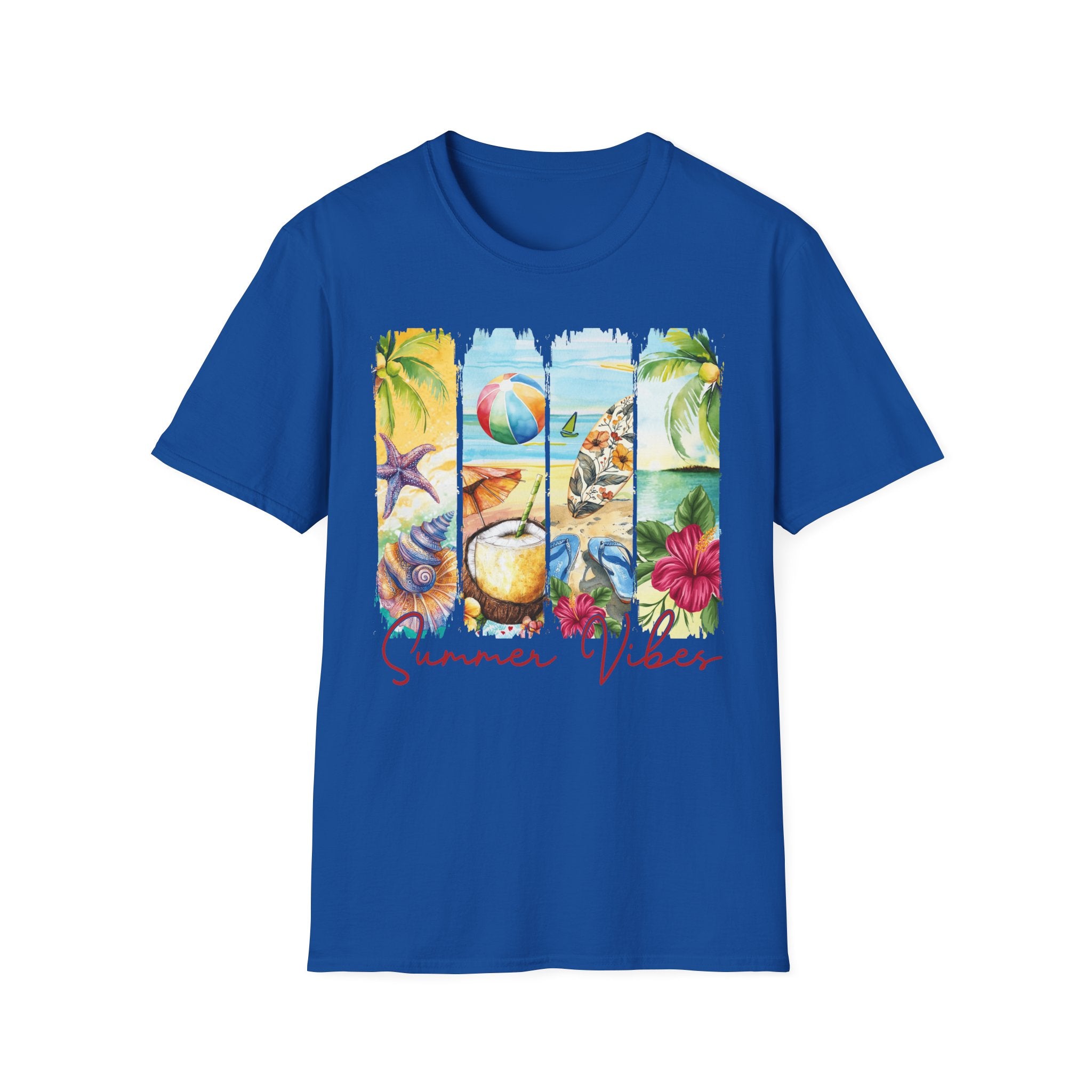 Summer Vibes Tropical Collage T-Shirt | Beach Ball, Seashells, Hibiscus