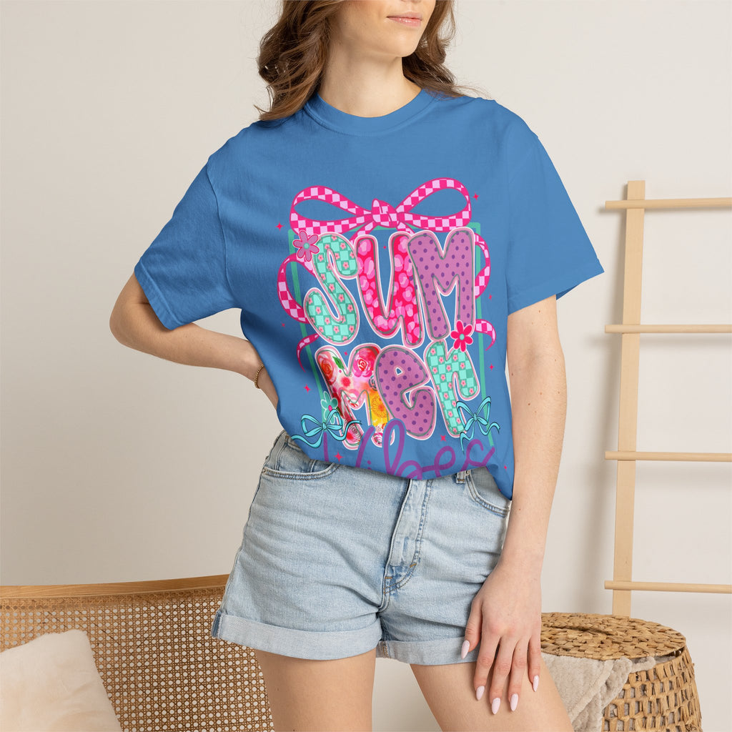 Summertime Vibes T-shirt | Colorful Floral Lettering, Bow & Ribbons