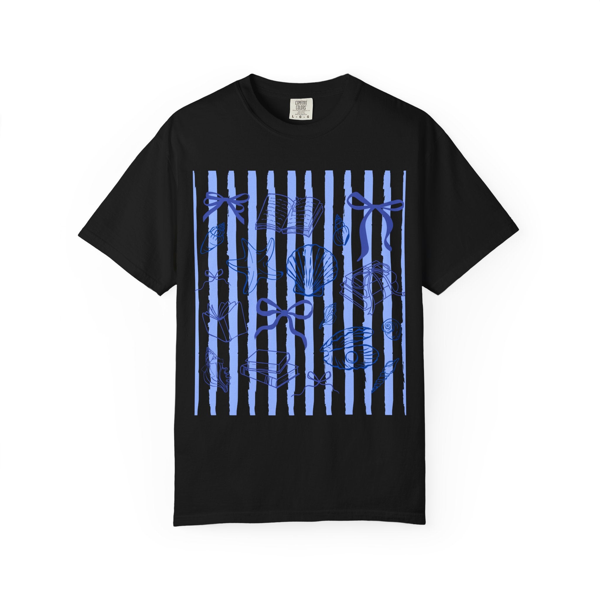 Nautical Seashell Stripe T-Shirt — Blue Bow & Shell Graphic