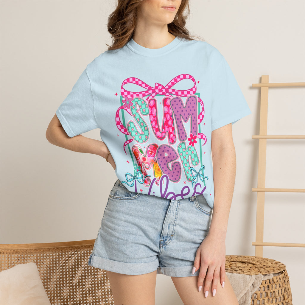 Summertime Vibes T-shirt | Colorful Floral Lettering, Bow & Ribbons