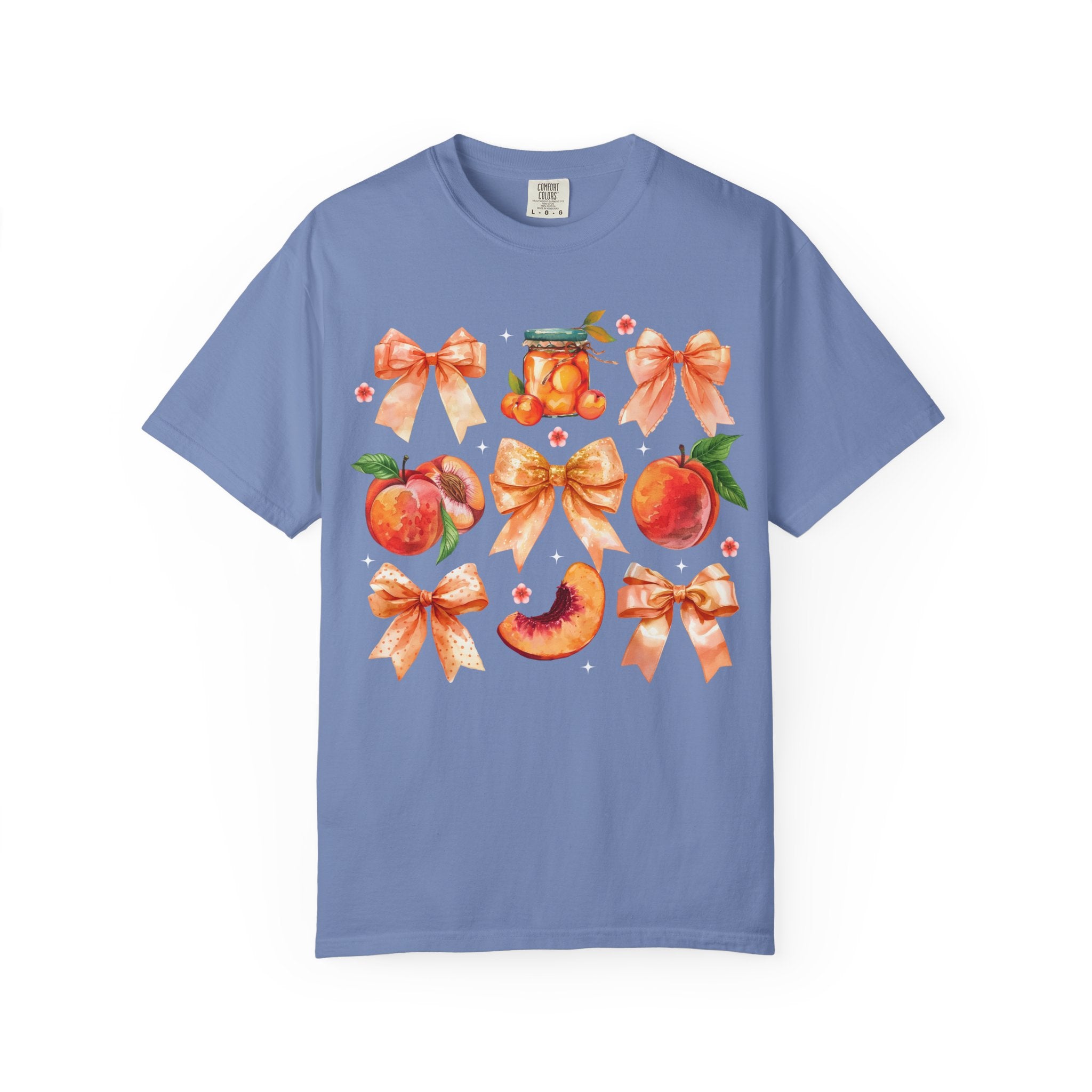 Peach & Bow Graphic T-Shirt — Watercolor Fruit Design