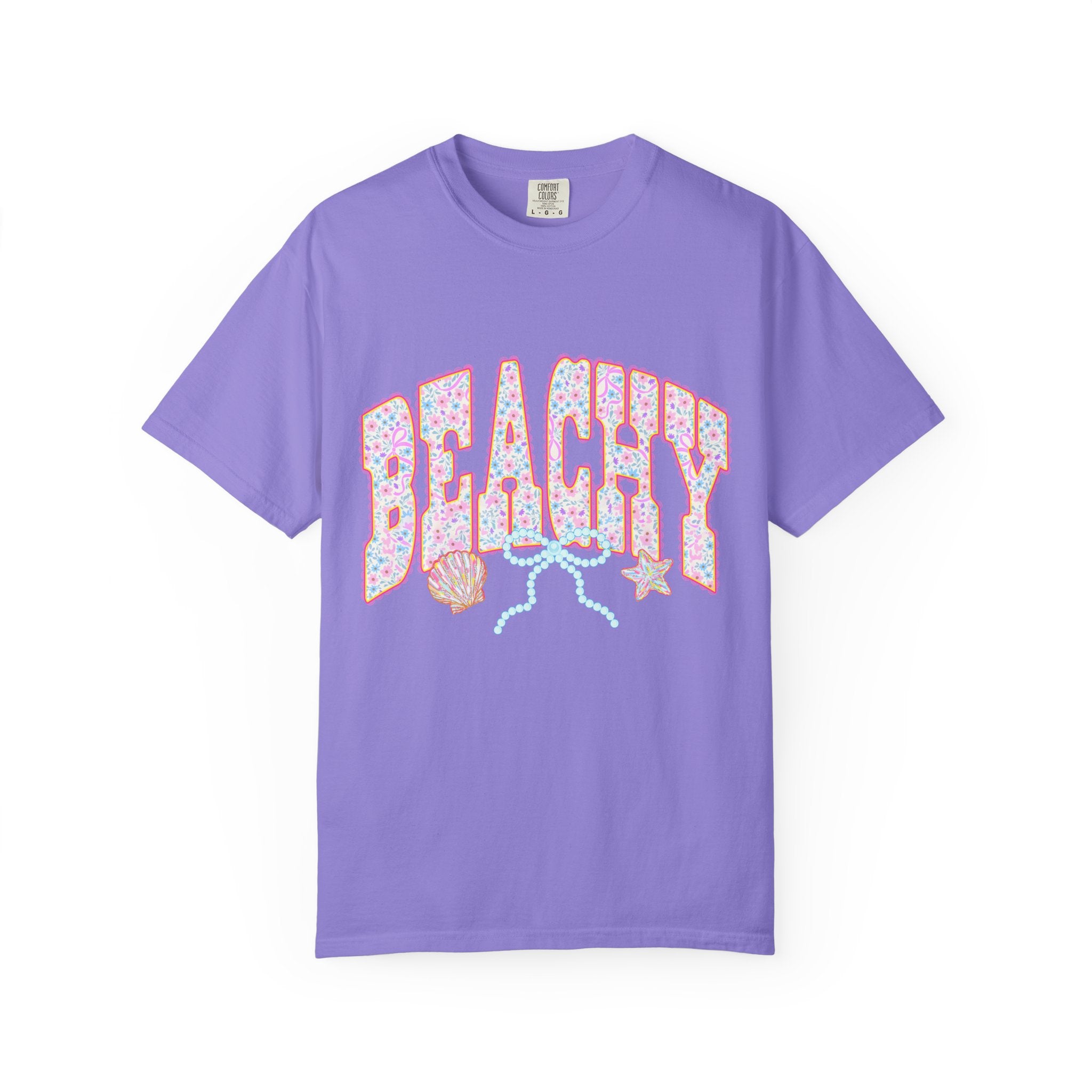Beachy Floral Text T-Shirt | Seashells, Starfish, Pastel Retro Letters