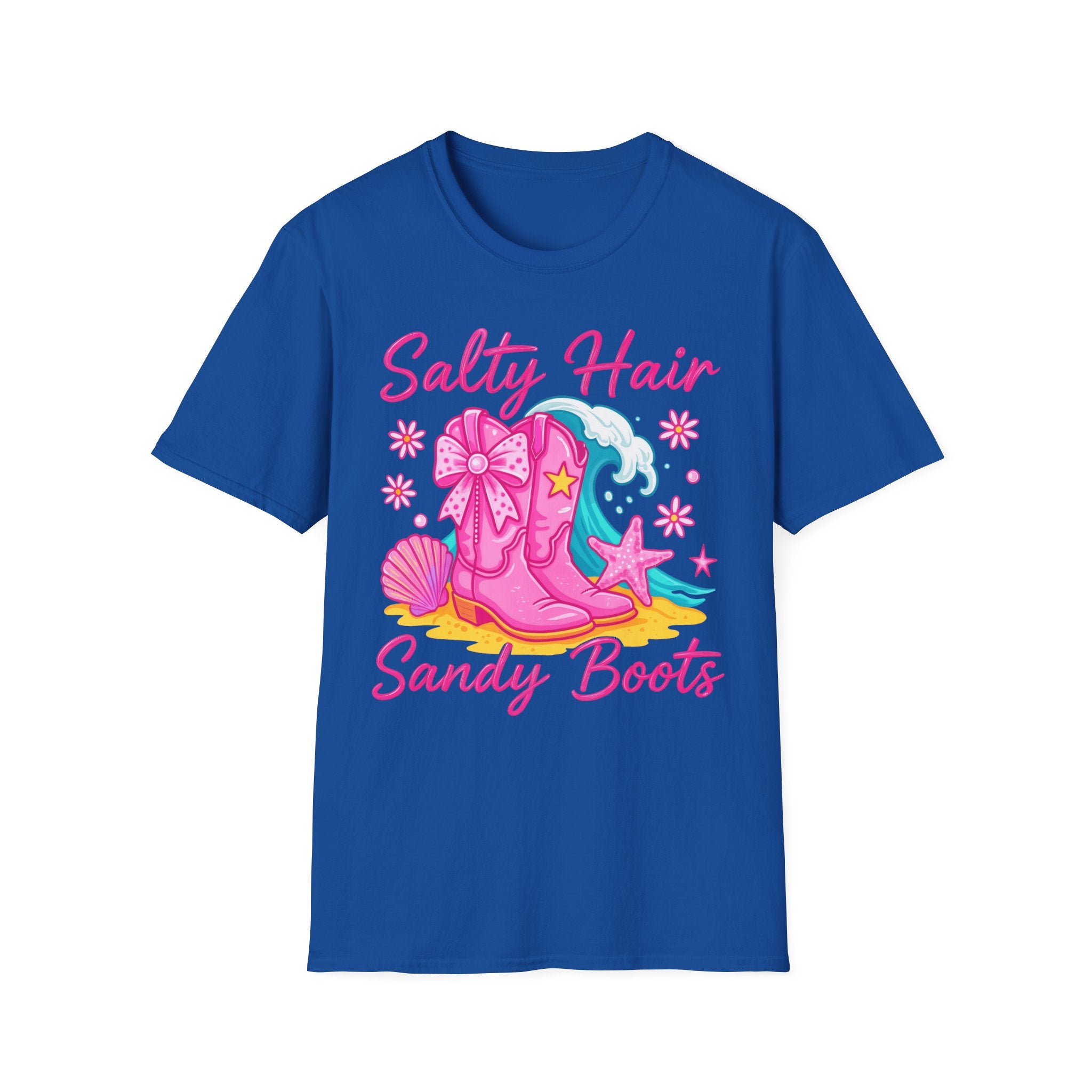 Salty Hair Sandy Boots T-Shirt | Pink Cowgirl Boots Beach Stars Seashells