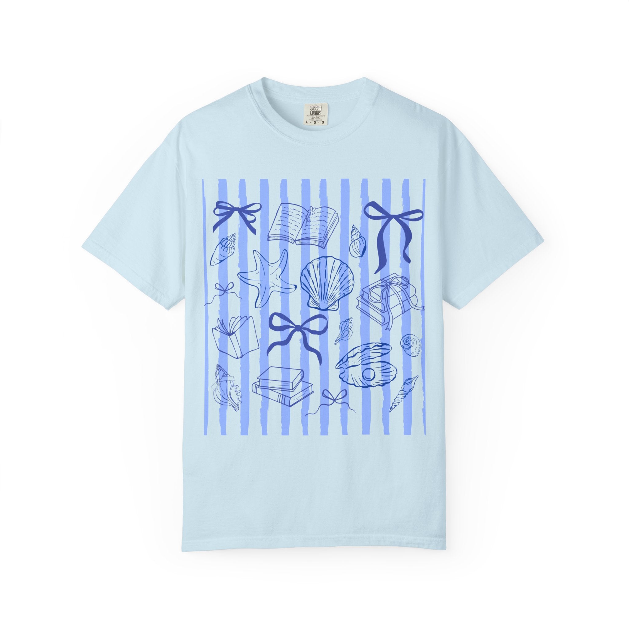 Nautical Seashell Stripe T-Shirt — Blue Bow & Shell Graphic
