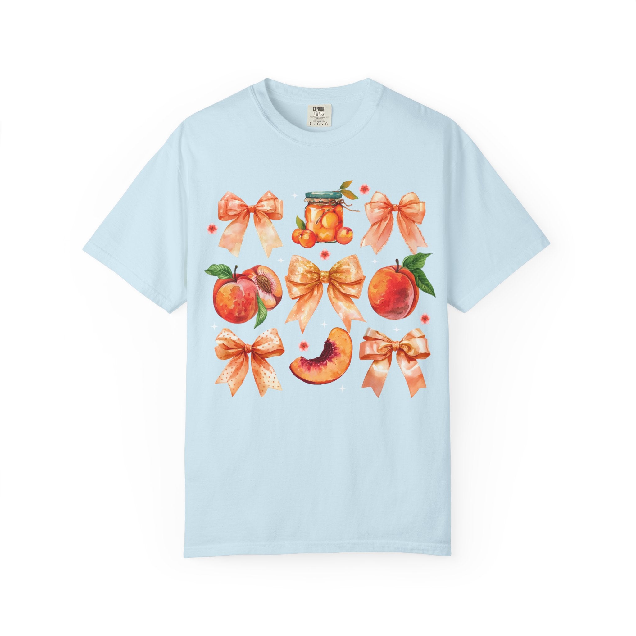 Peach & Bow Graphic T-Shirt — Watercolor Fruit Design