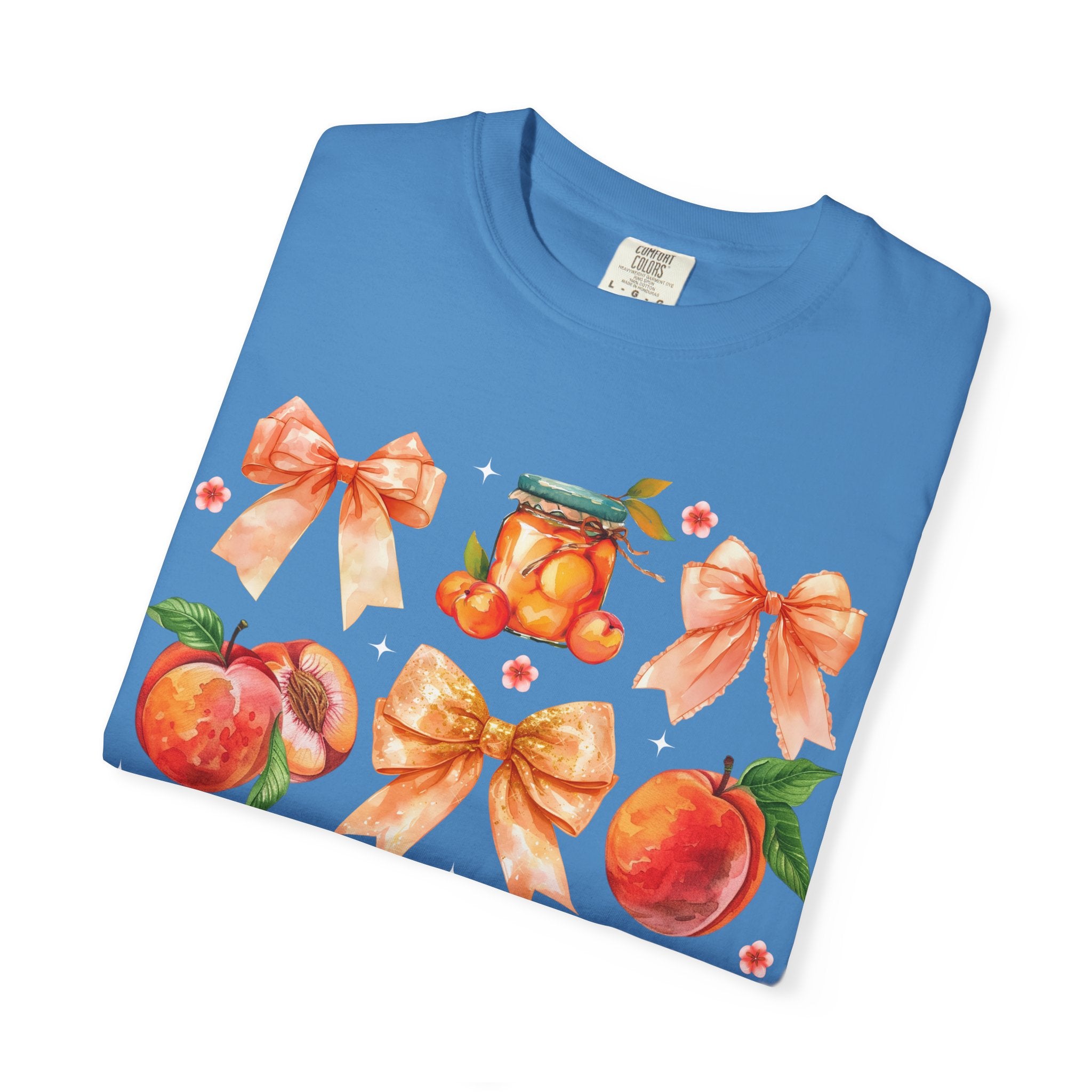 Peach & Bow Graphic T-Shirt — Watercolor Fruit Design