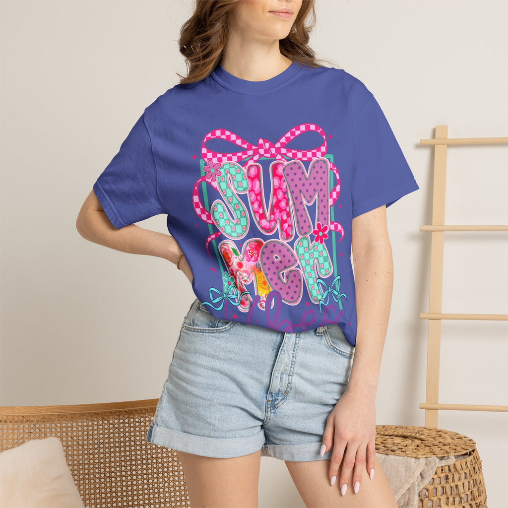 Summertime Vibes T-shirt | Colorful Floral Lettering, Bow & Ribbons