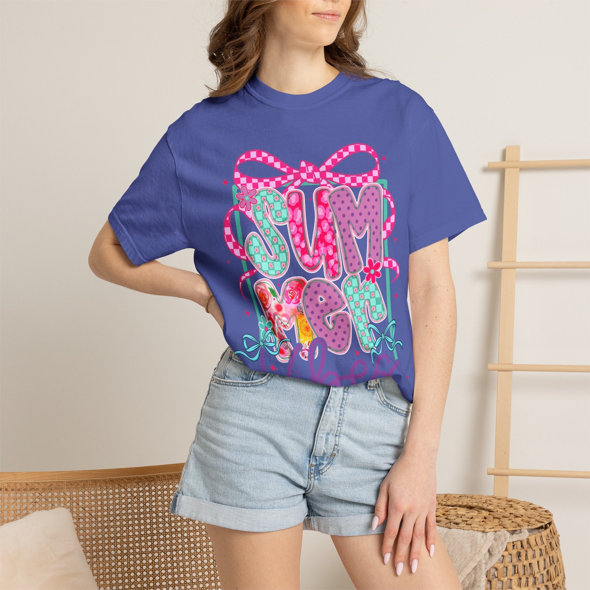 Summertime Vibes T-shirt | Colorful Floral Lettering, Bow & Ribbons