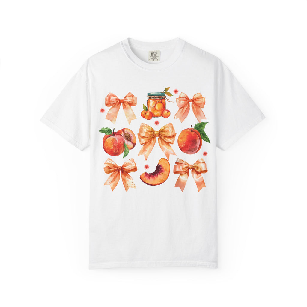 Peach & Bow Graphic T-Shirt — Watercolor Fruit Design