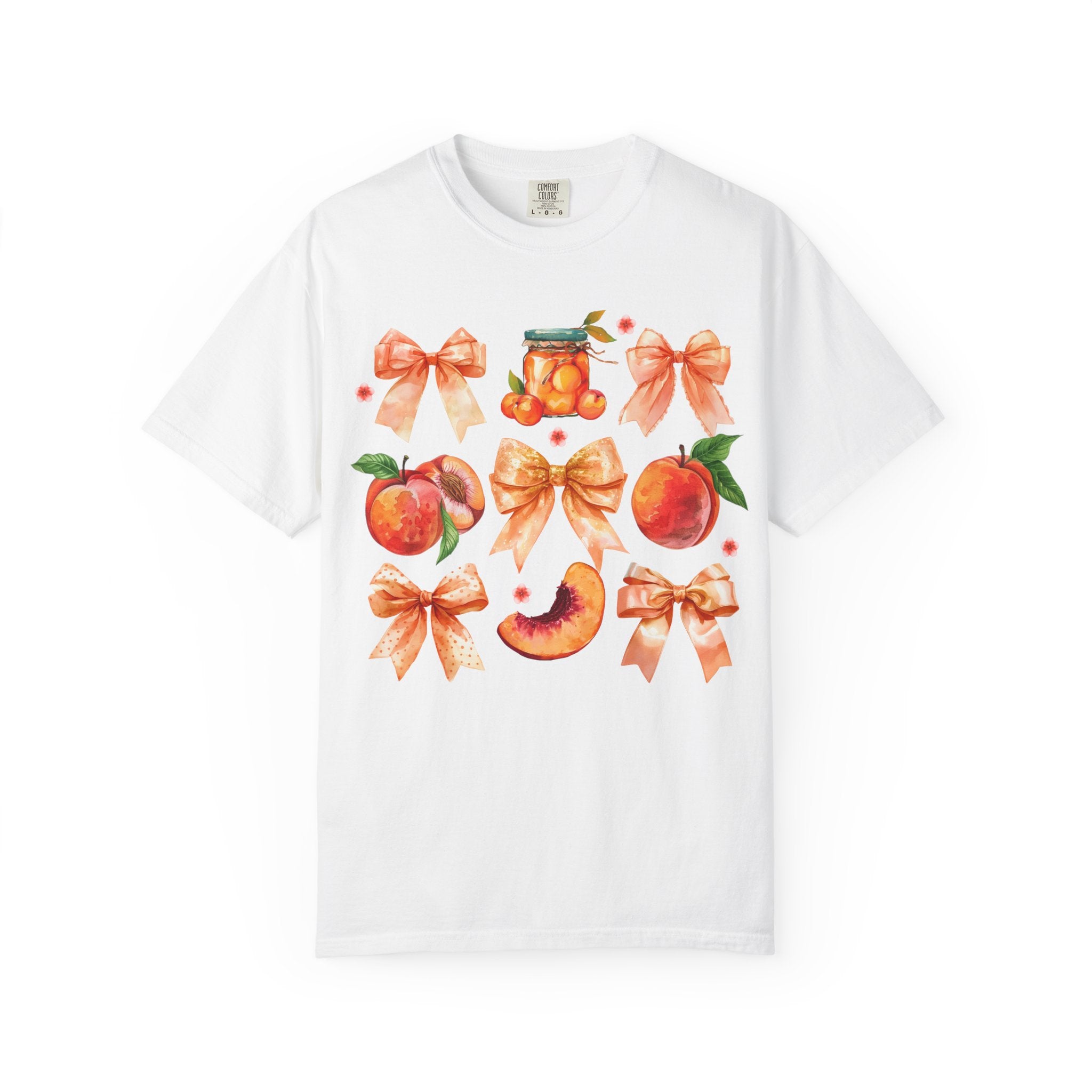 Peach & Bow Graphic T-Shirt — Watercolor Fruit Design
