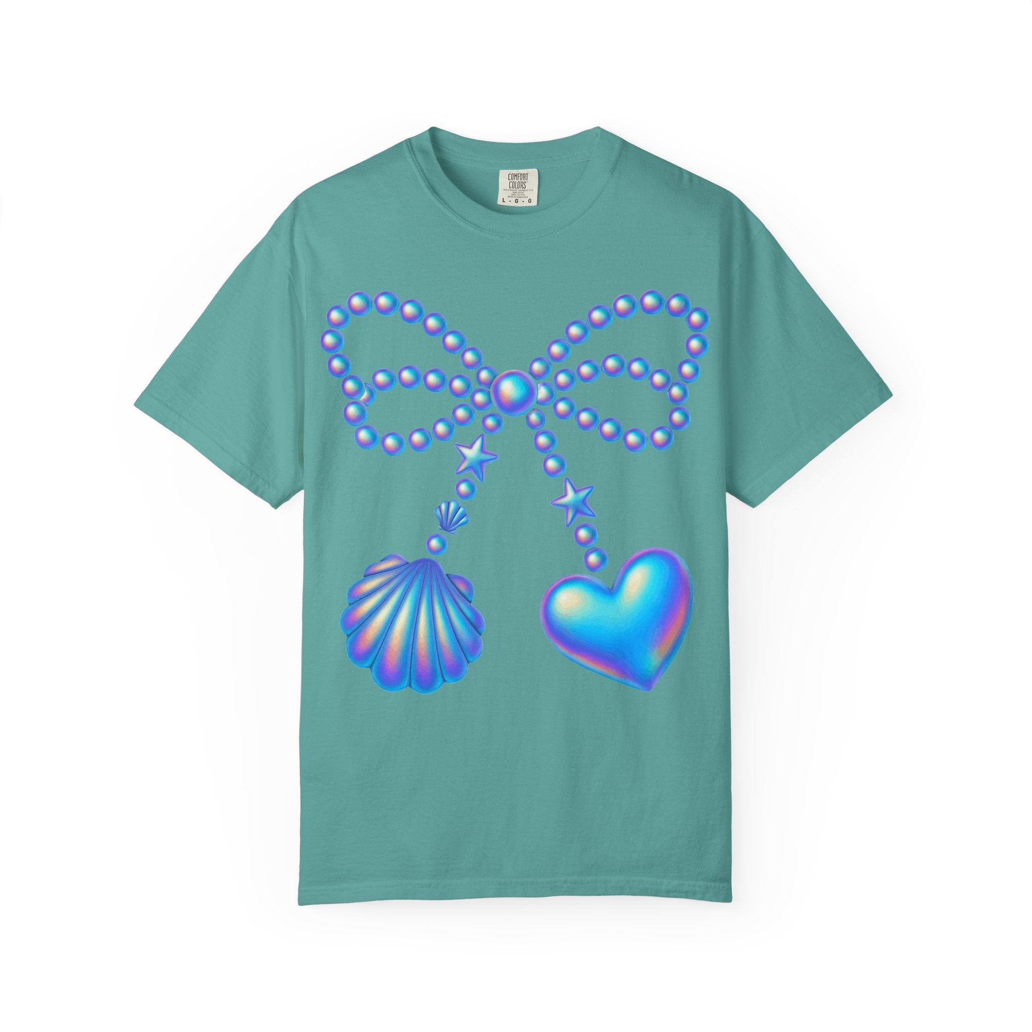 Holographic Pearl Bow with Shell & Heart T-shirt | Mermaid Jewelry Graphic