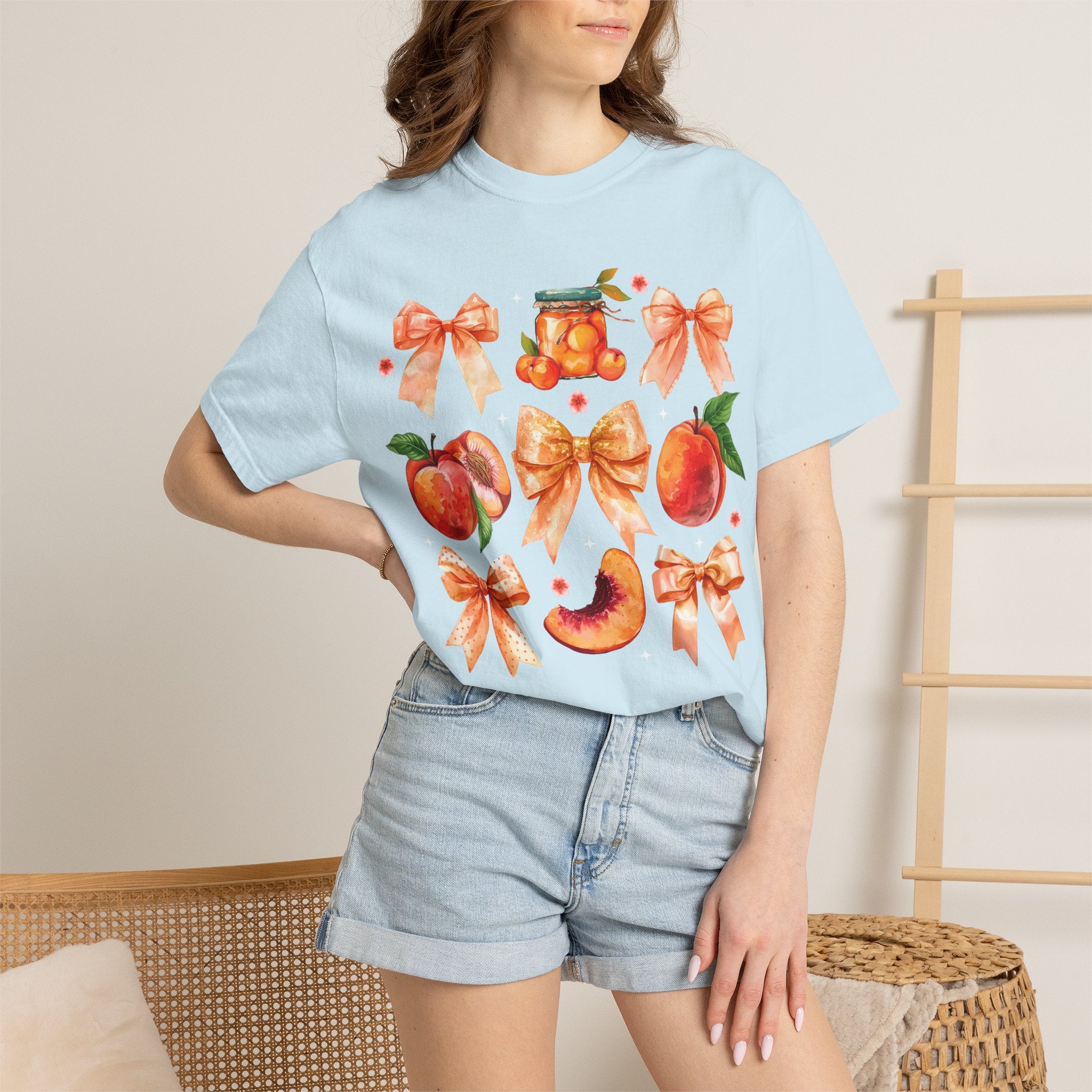 Peach & Bow Graphic T-Shirt — Watercolor Fruit Design