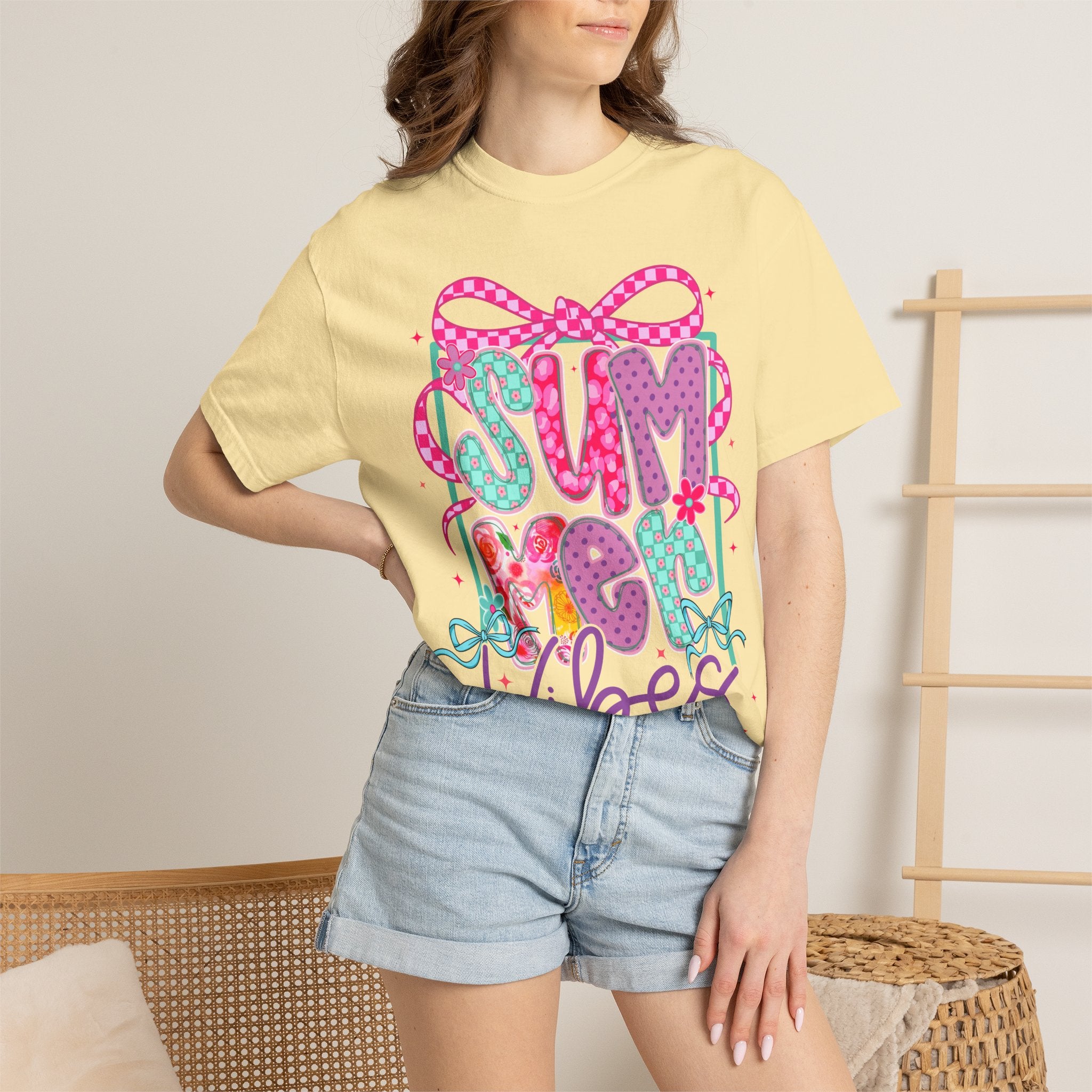 Summertime Vibes T-shirt | Colorful Floral Lettering, Bow & Ribbons